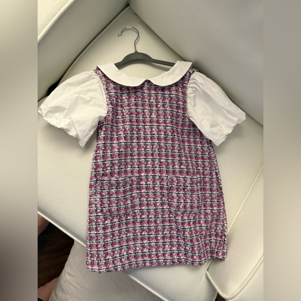 Janie and Jack Pink and White Plaid Dress with Puff Sleeves